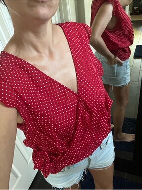 Maurices Red Polka Dot Wrap-Style V-Neck Blouse